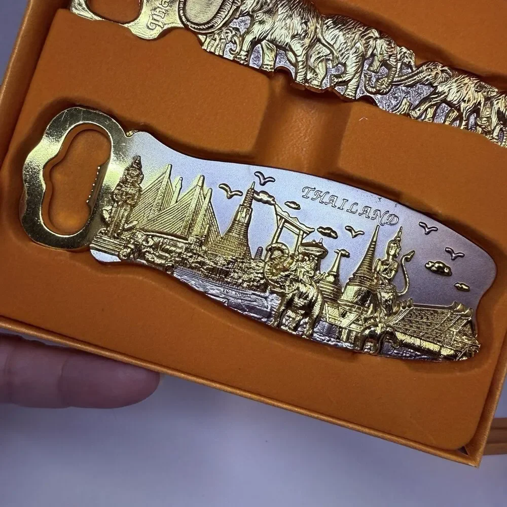 Thailand Gold & Silver Tone Metal 2 Piece Bottle Opener Gift Set City & Elephant